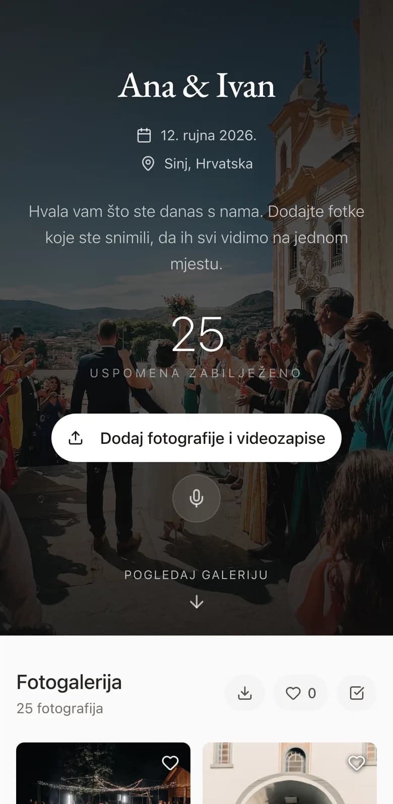 Naslovnica galerije: datum, mjesto i poruka mladenaca