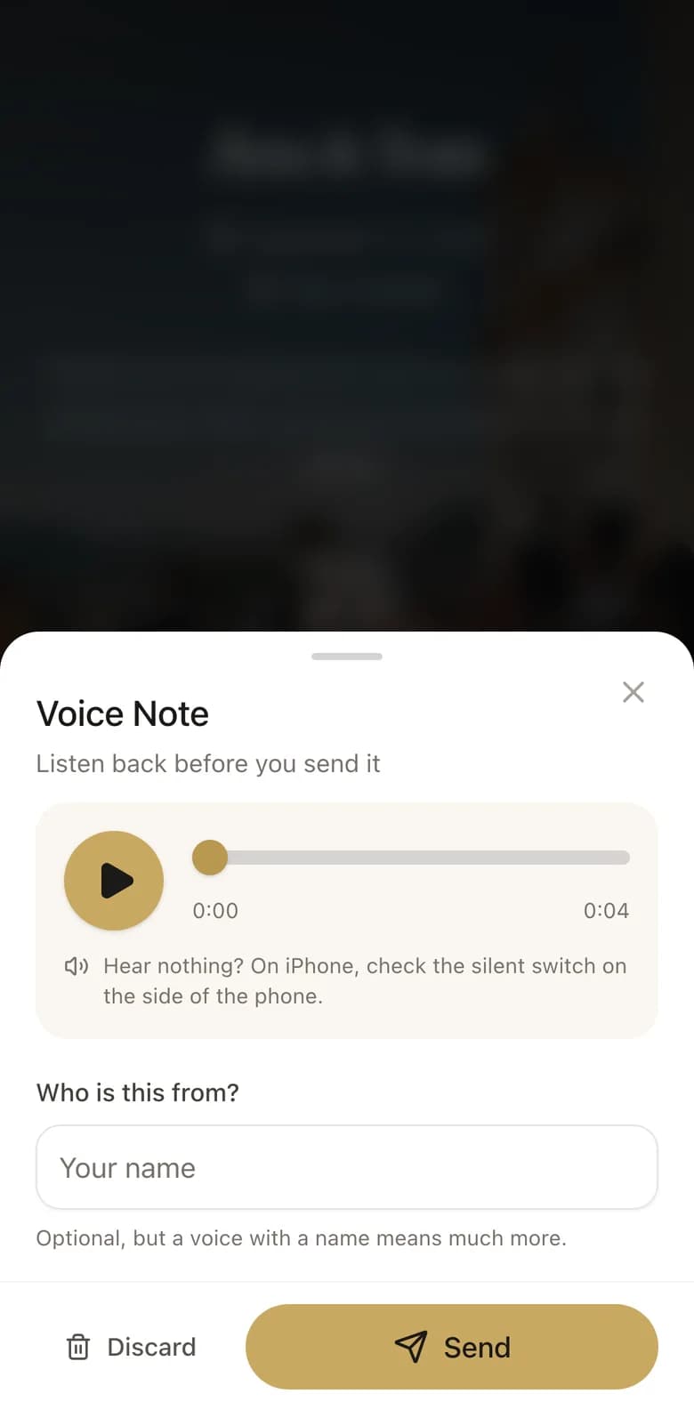 A guest's recorded voice note, ready to send