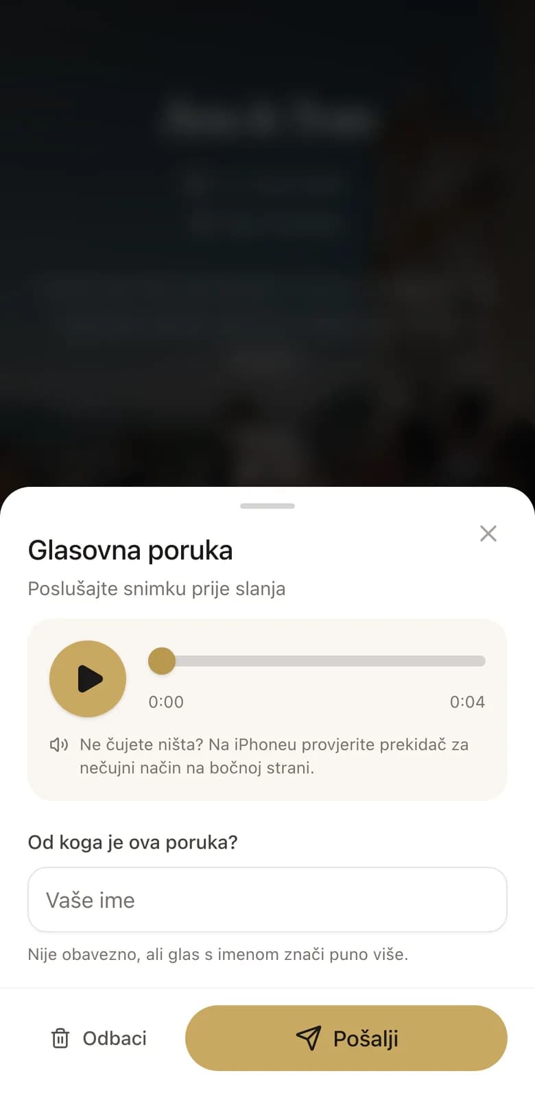 Snimljena glasovna poruka gosta, spremna za slanje