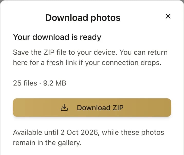 The download screen: the whole gallery as one ZIP file