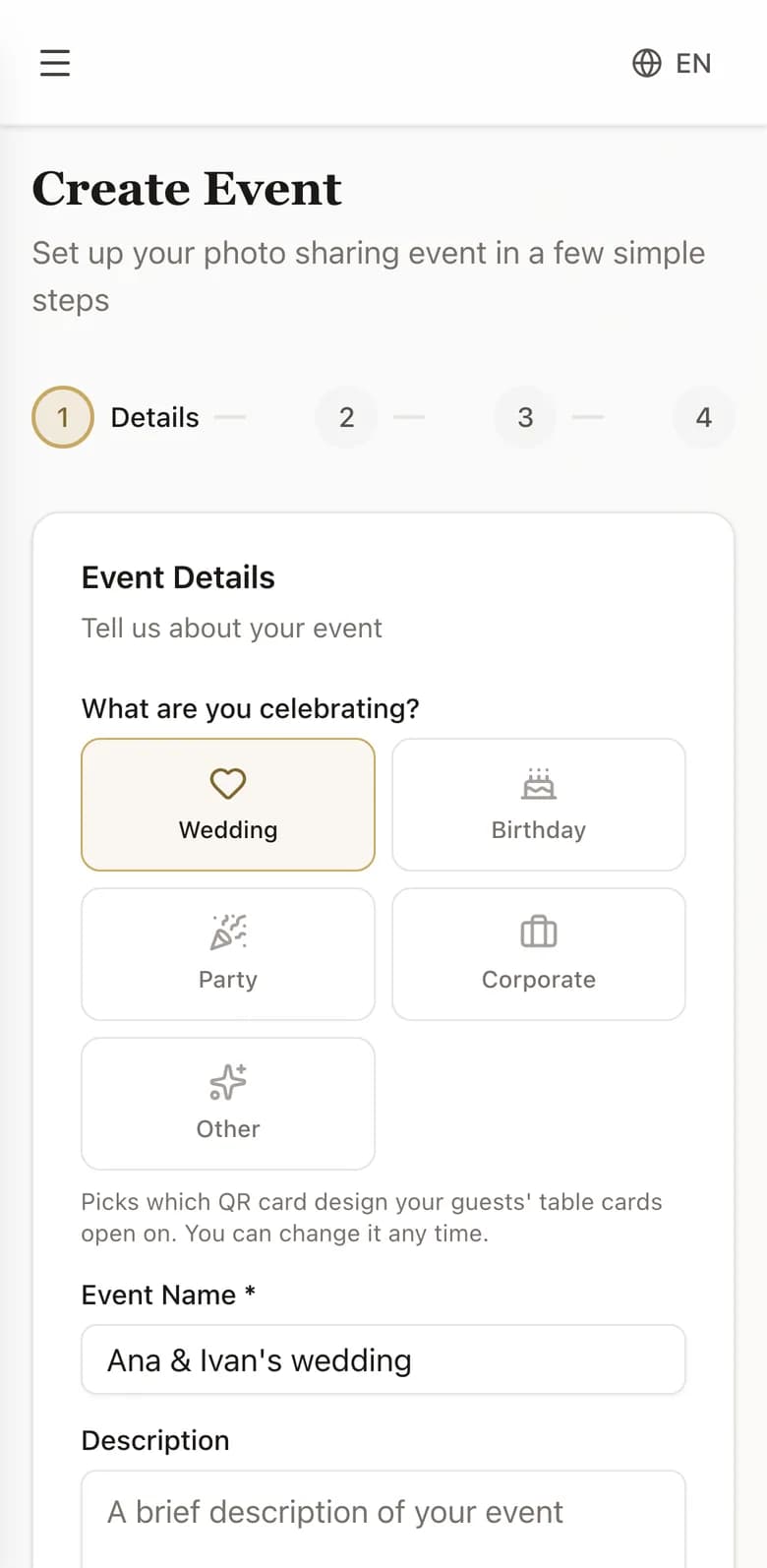 Creating an event on a phone: what you are celebrating and the event's name