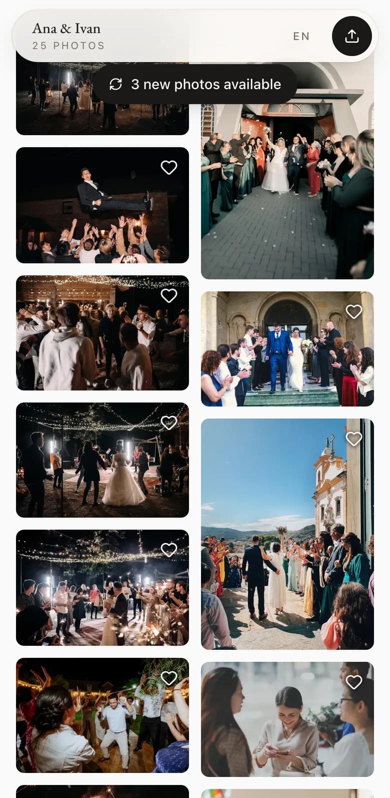 A real Melora gallery on a phone, full of one wedding's photographs
