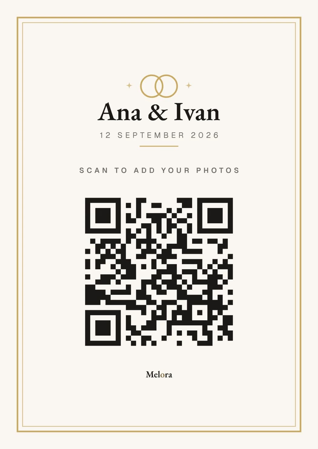 A real Melora table card for Ana and Ivan with a scannable QR code