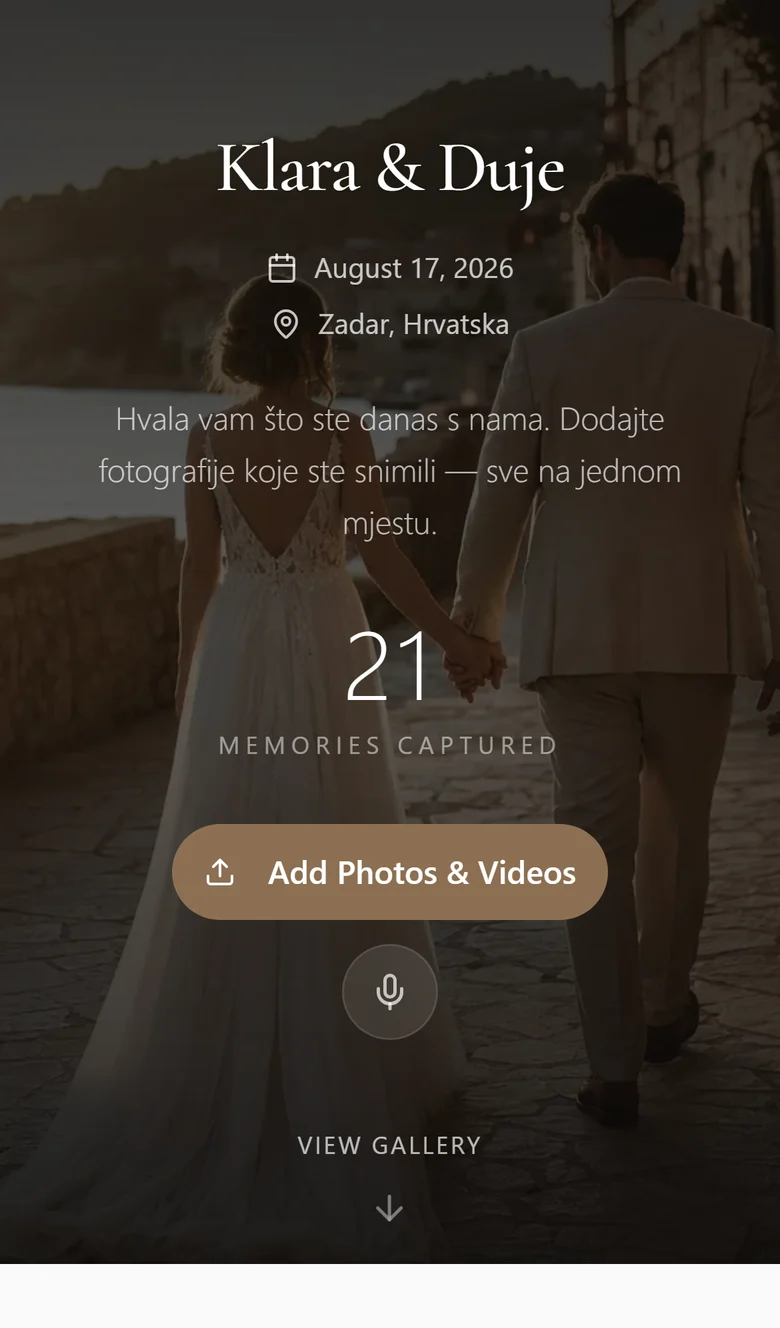 The guest gallery on a phone, showing the cover photograph, the couple's names and an Add Photos and Videos button.