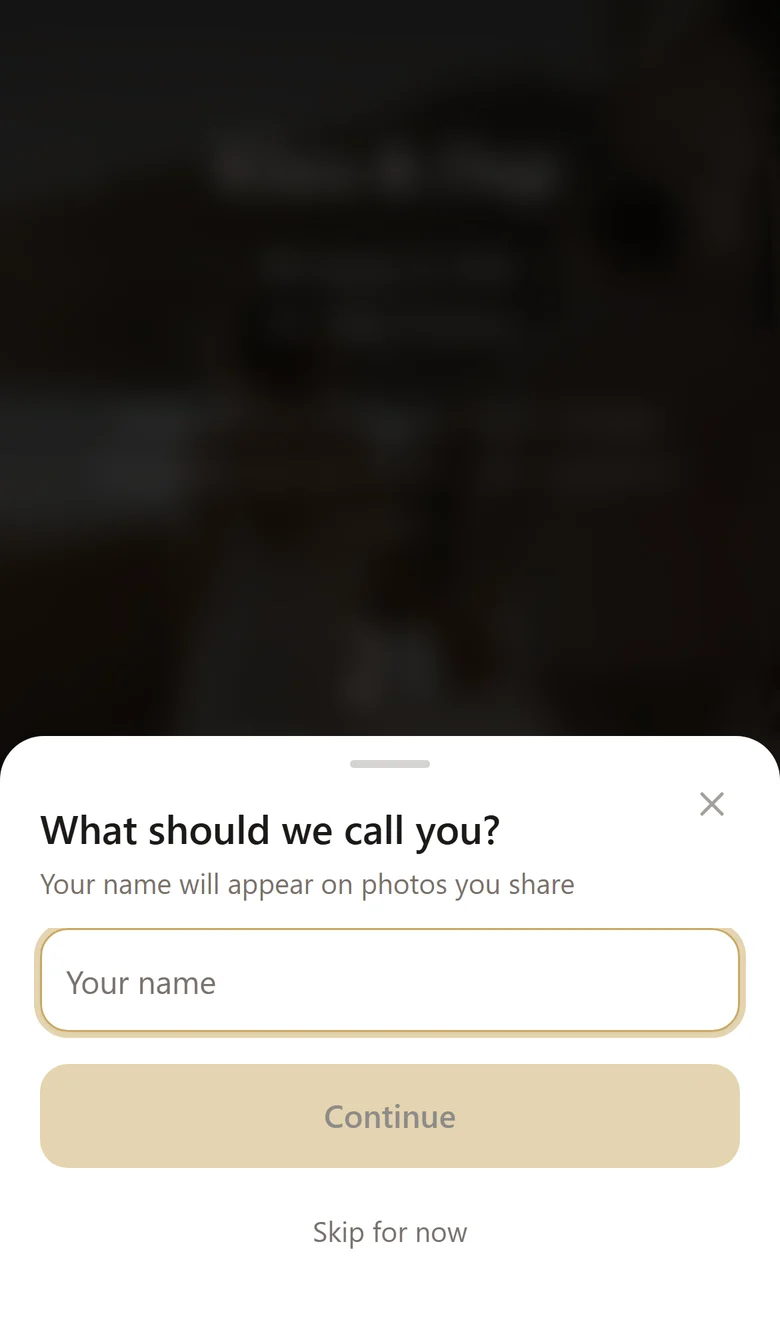 A dialog asking the guest what they should be called, with a name field and a skip option.