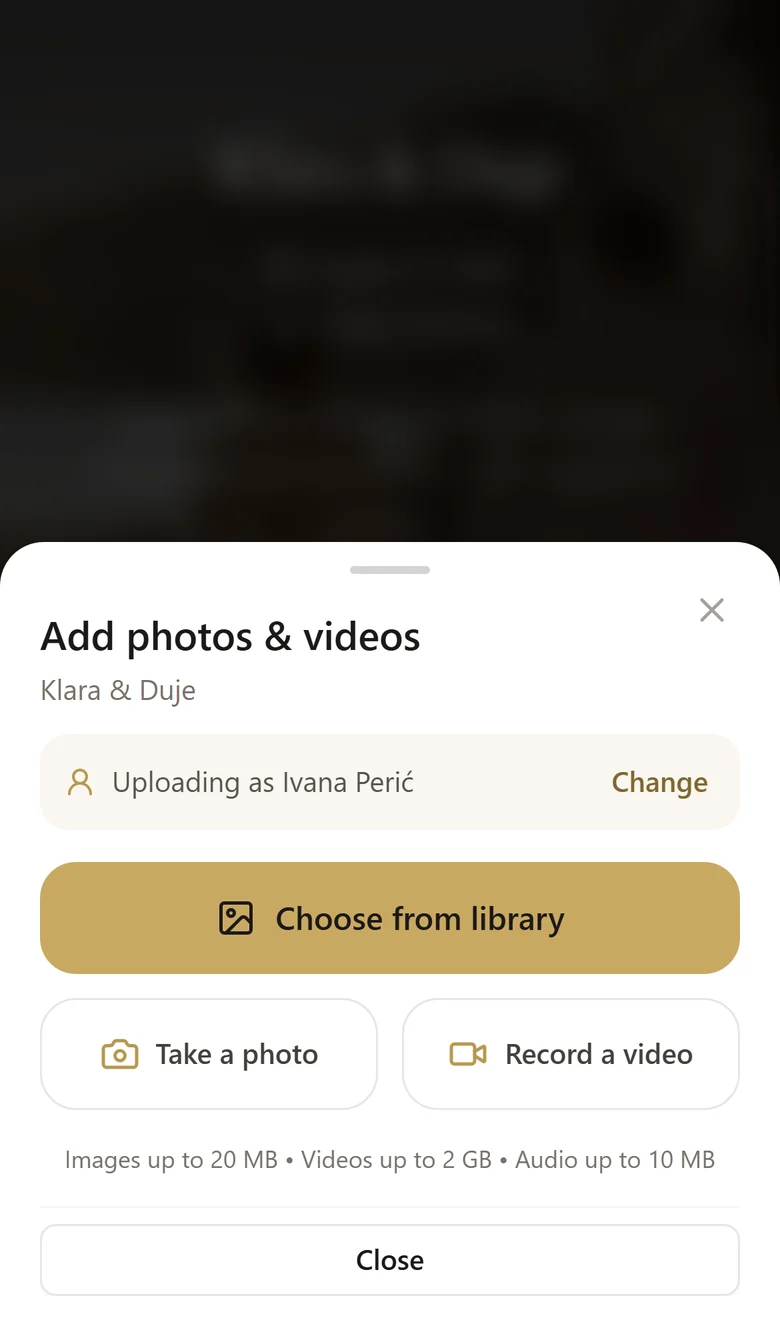 The upload sheet on a phone, with a drop area and the guest's name shown above it.
