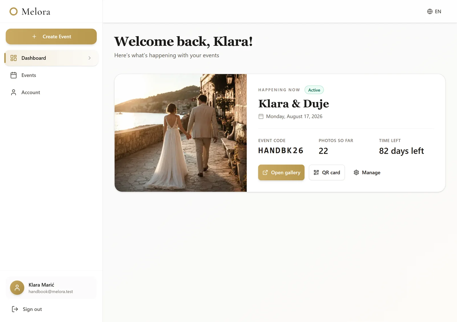 The Melora dashboard showing total events, total photos, total views and a list of events.