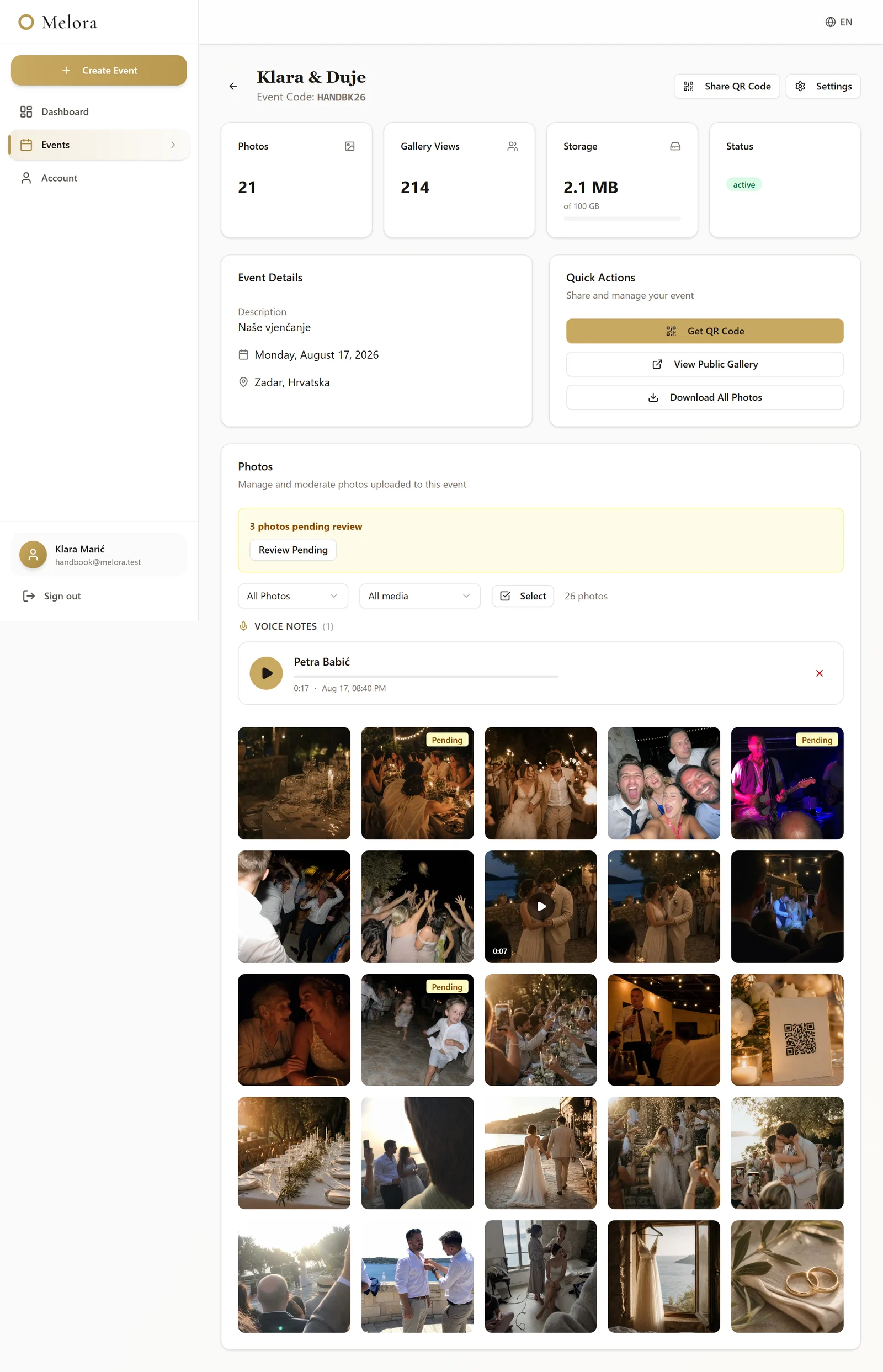 An event page showing statistics, event details, quick actions and the photo manager below.