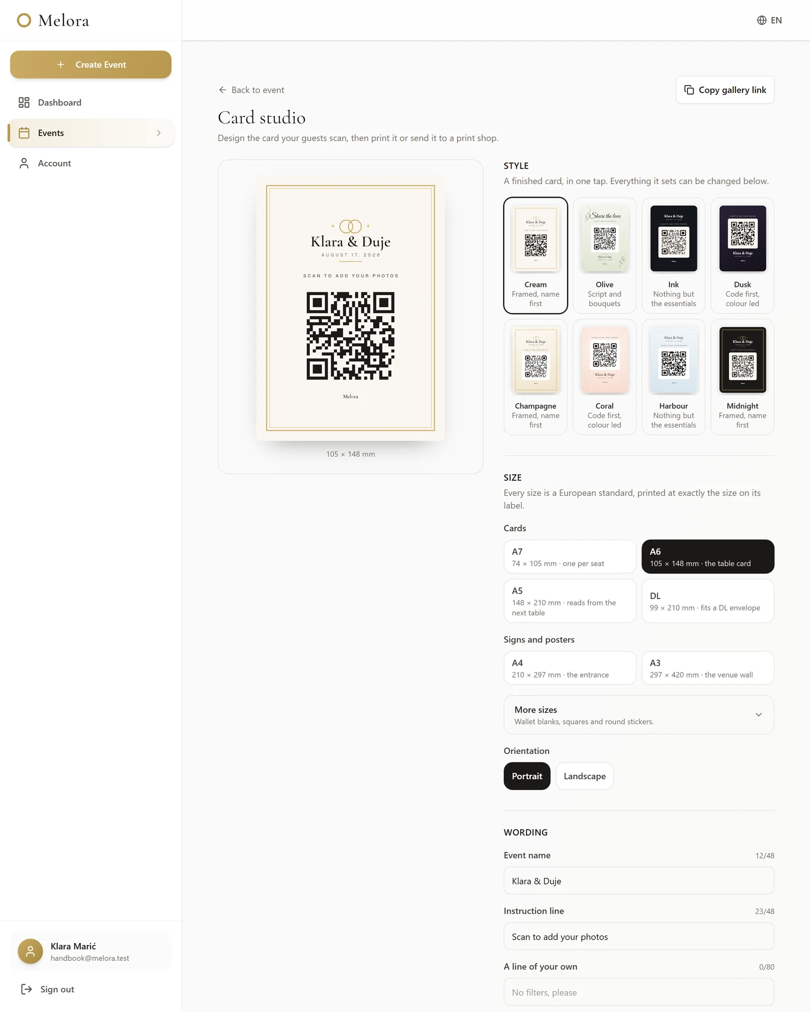 The share dialog, showing the card design chips and the cream and midnight style toggle.