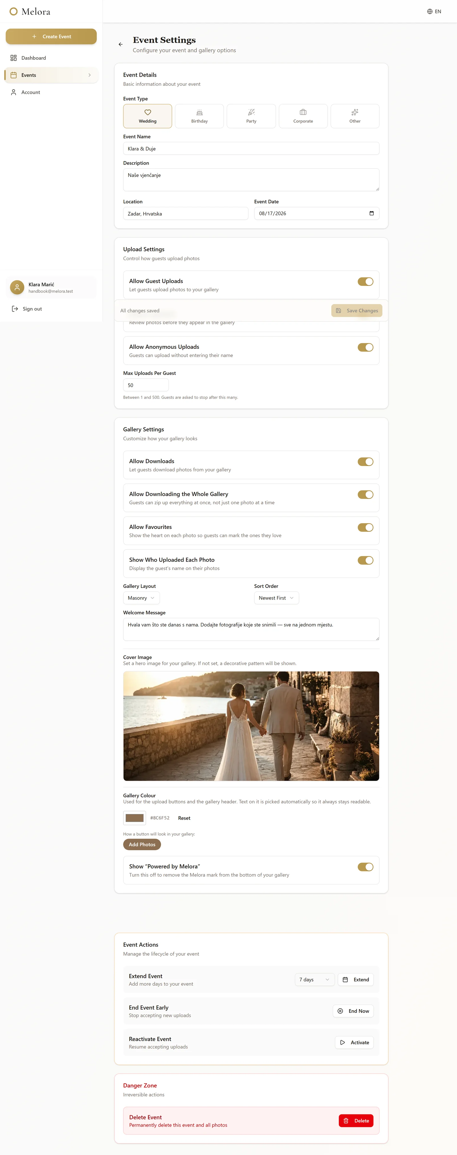 The event settings page with sections for event information, upload settings, gallery settings and event actions.