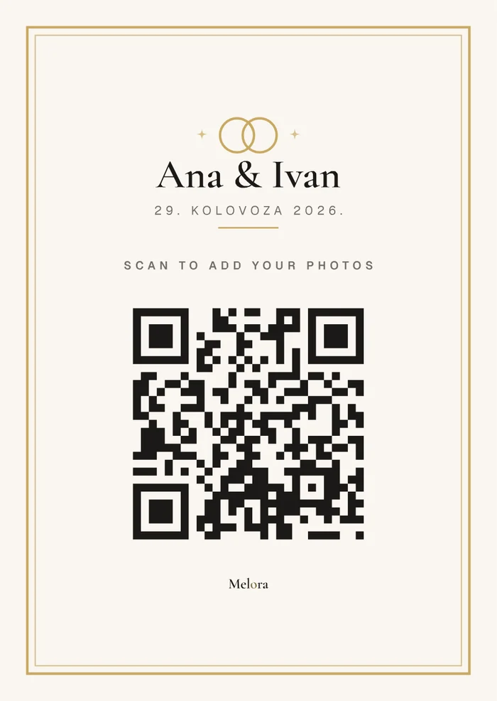 A cream wedding QR card with interlocking rings, the couple's names and the event code.