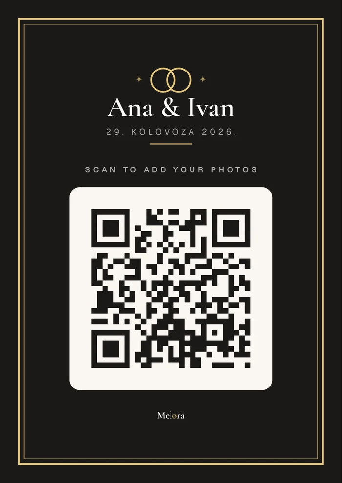 The same wedding card in the midnight style, dark with a cream panel behind the code.
