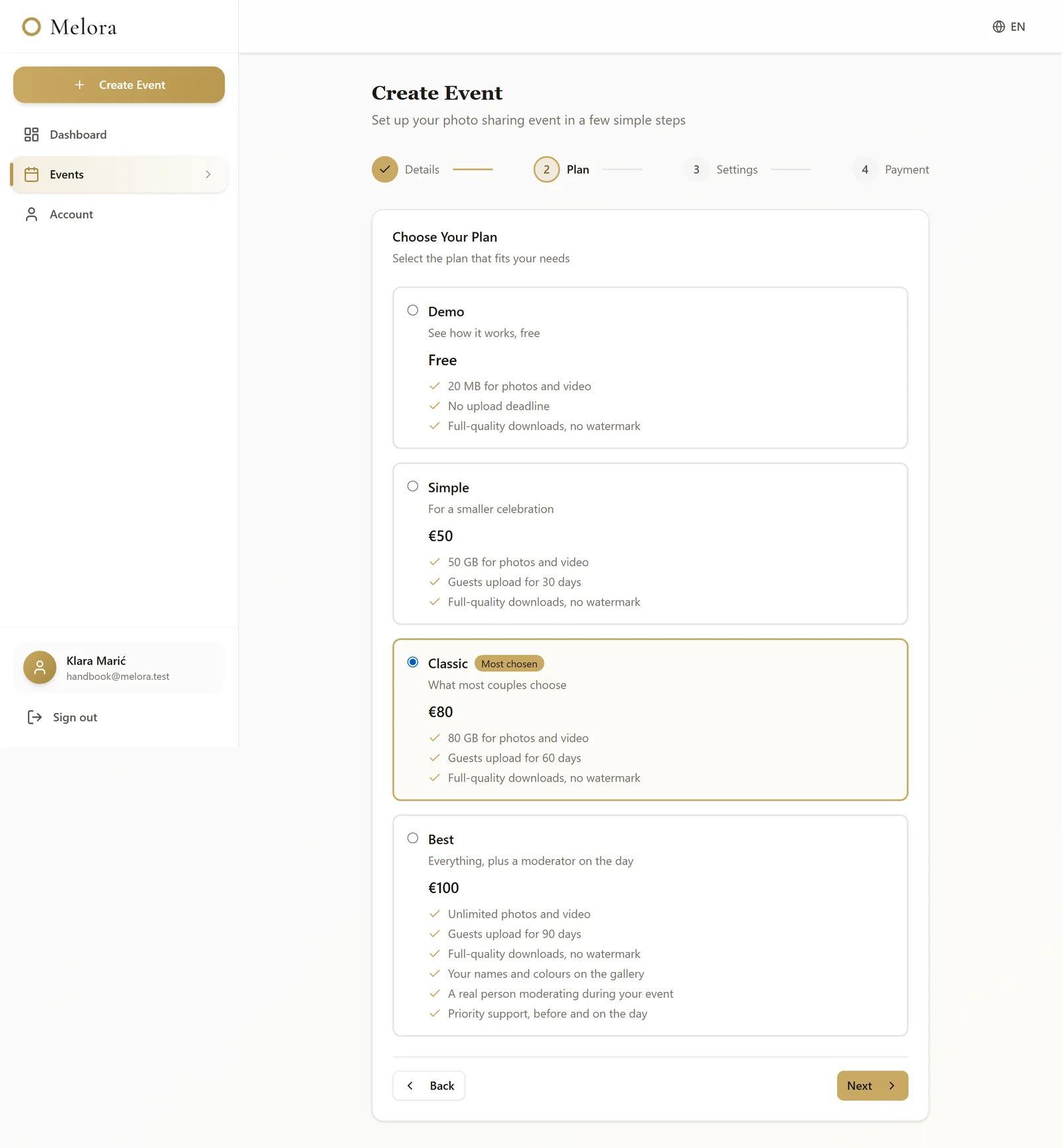 The plan selection step of the wizard, showing the Demo, Simple, Classic and Best tiers side by side.