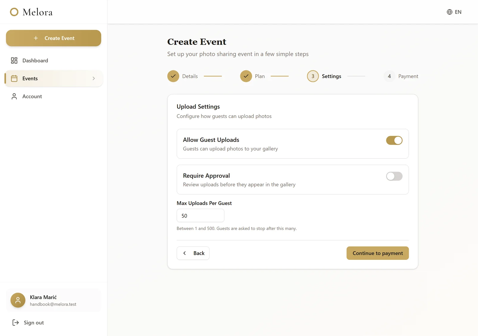 The upload settings step, with switches for guest uploads, approval, anonymous uploads and a per-guest limit.